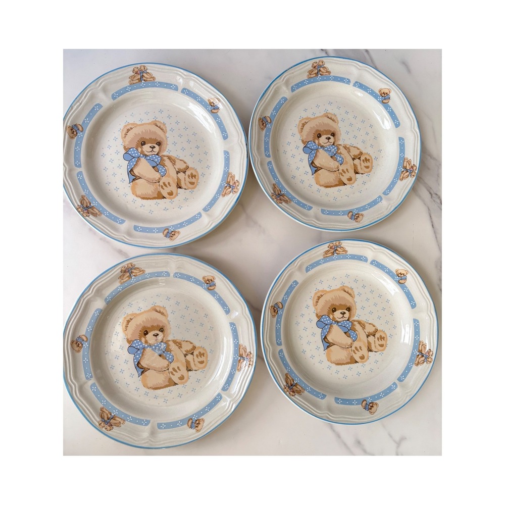 4 Pc Vtg Tienshan Stoneware Teddy Bear Salad Dessert Plates 7.5 Inch Cottage
